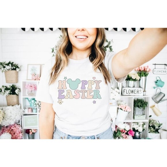 New Happy Easter Print Shirt in White - Size Large - Picture 1 of 7